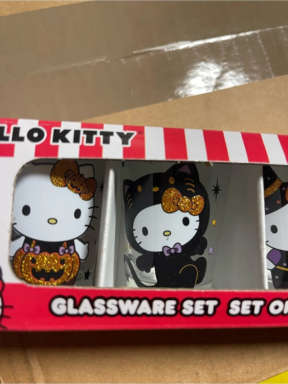 Hello Kitty Halloween Glassware Set - Black, White & Gold Glitter